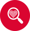 icon of a love heart under a magnifying glass in a red circle